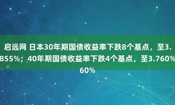 启远网 日本30年期国债收益率下跌8个基点，至3.855%；40年期国债收益率下跌4个基点，至3.760%